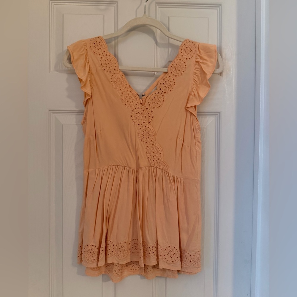 Loft Peach Eyelet Ruffle Sleeve Top